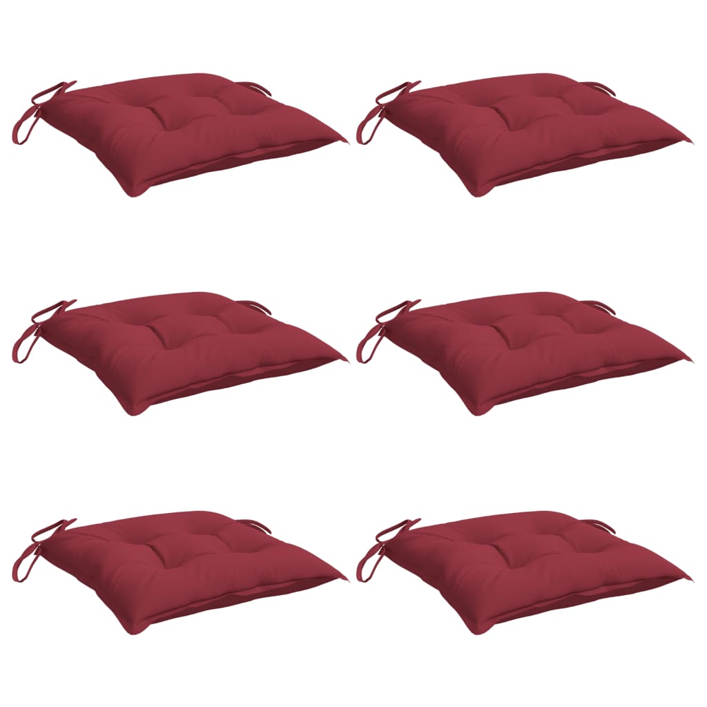 Six wine red Oxford fabric chair cushions with ties, each 15.7x15.7x2.8 inches.