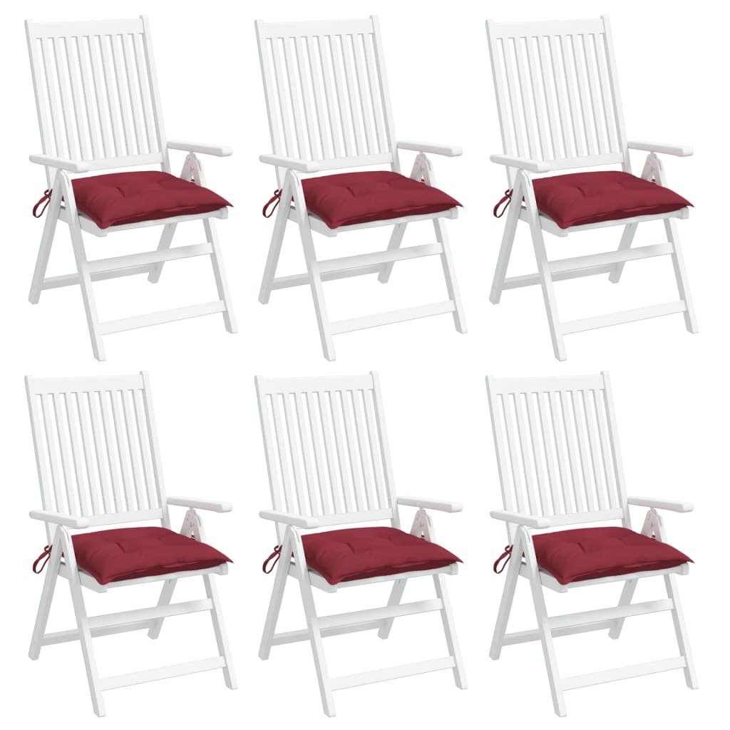 Set of six wine red Oxford fabric chair cushions, each 15.7x15.7x2.8 inches with ties.