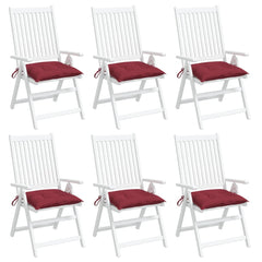 Set of six wine red Oxford fabric chair cushions, each 15.7x15.7x2.8 inches with ties.