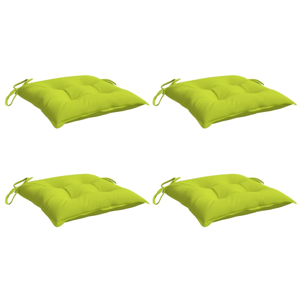Four bright green Oxford fabric chair cushions, each 15.7x15.7x2.8 inches with ties.