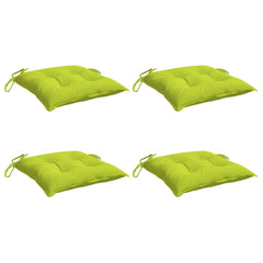 Four bright green Oxford fabric chair cushions, each 15.7x15.7x2.8 inches with ties.