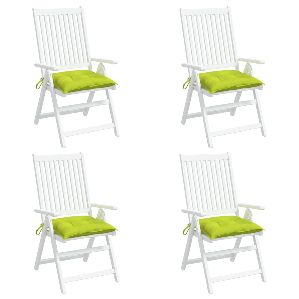 Four bright green Oxford fabric chair cushions, each 15.7x15.7x2.8 inches, with ties.