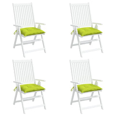 Four bright green Oxford fabric chair cushions, each 15.7x15.7x2.8 inches, with ties.