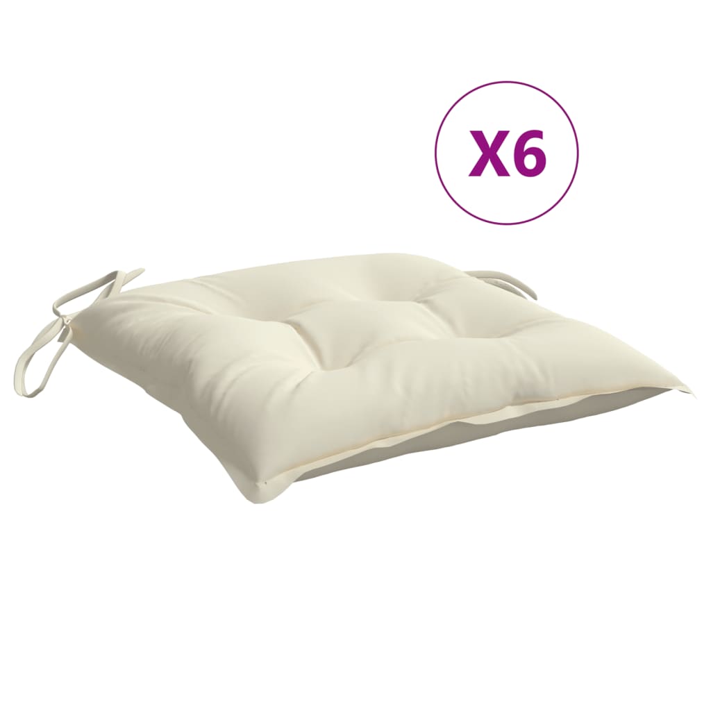 Six cream-white square chair cushions with ties are shown on a white background.
