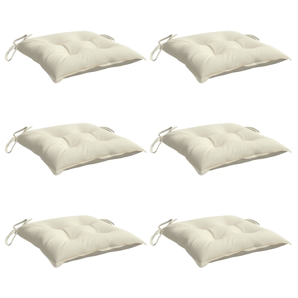Six cream white Oxford fabric chair cushions, each 19.7x19.7x2.8 inches, with ties.