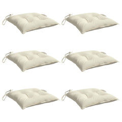 Six cream white Oxford fabric chair cushions, each 19.7x19.7x2.8 inches, with ties.