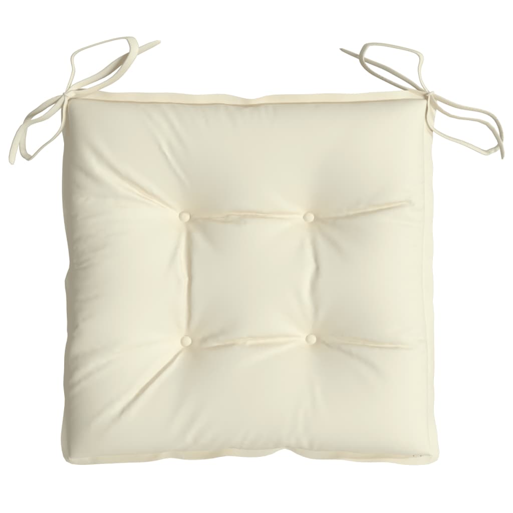 Cream white Oxford fabric chair cushion with tufted design and tie straps, 19.7x19.7x2.8 inches.