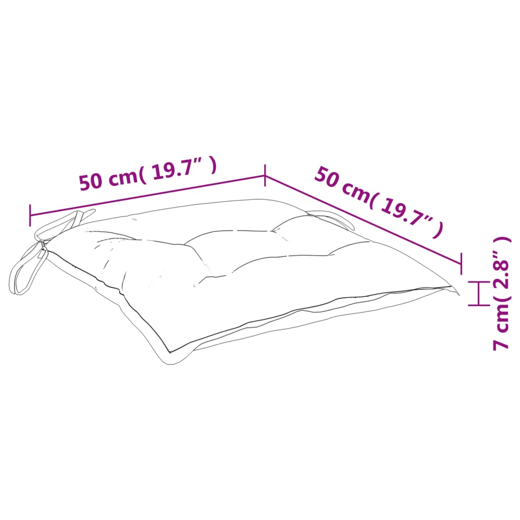Diagram of a cream white Oxford fabric chair cushion measuring 50 cm by 50 cm by 7 cm with ties.