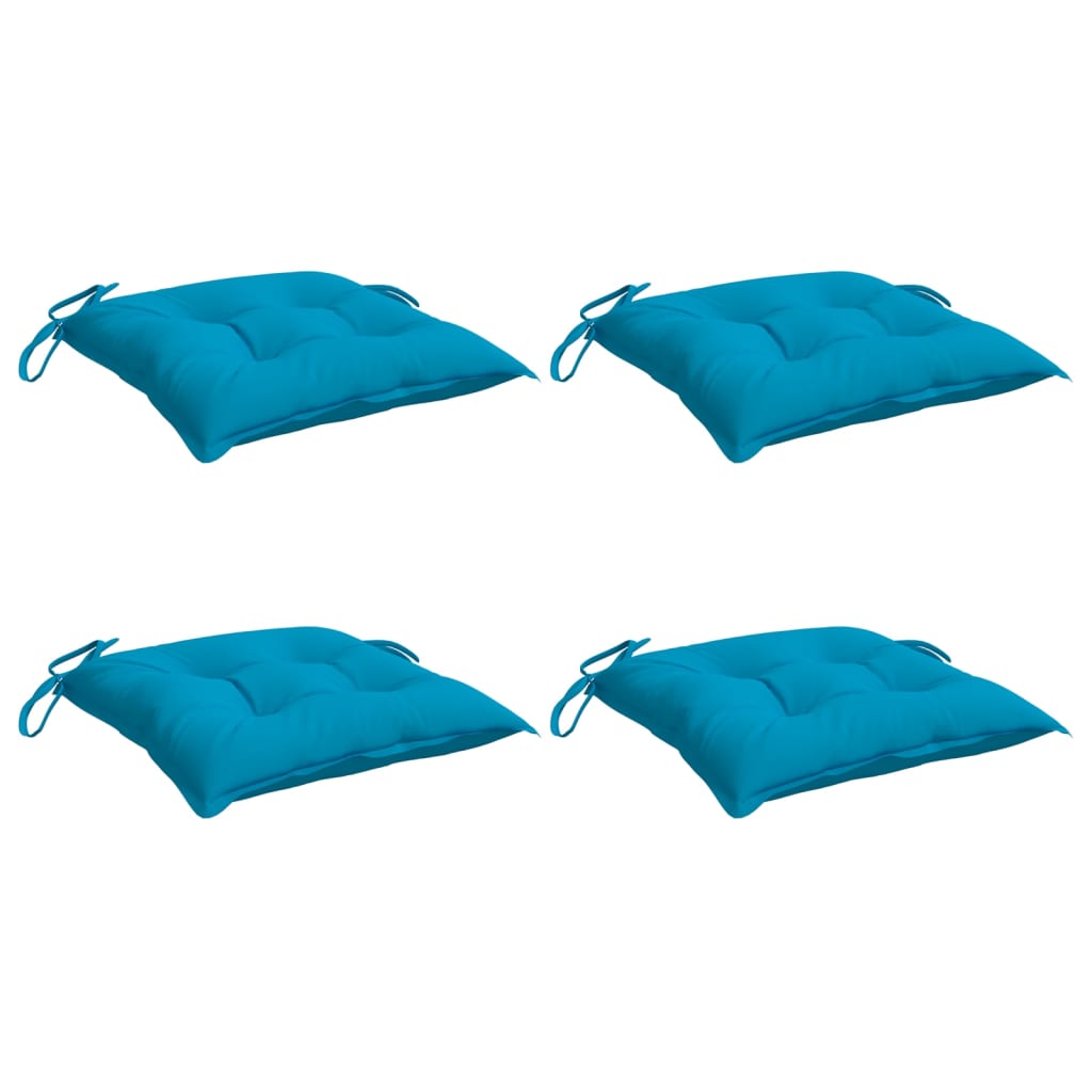 Four light blue Oxford fabric chair cushions, each 19.7x19.7x2.8 inches with ties.