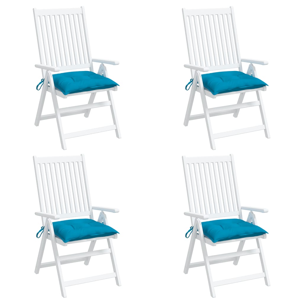 Four light blue Oxford fabric chair cushions, each 19.7x19.7x2.8 inches, with ties.