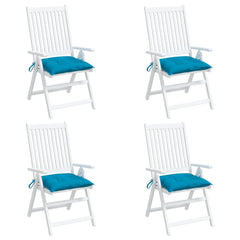 Four light blue Oxford fabric chair cushions, each 19.7x19.7x2.8 inches, with ties.
