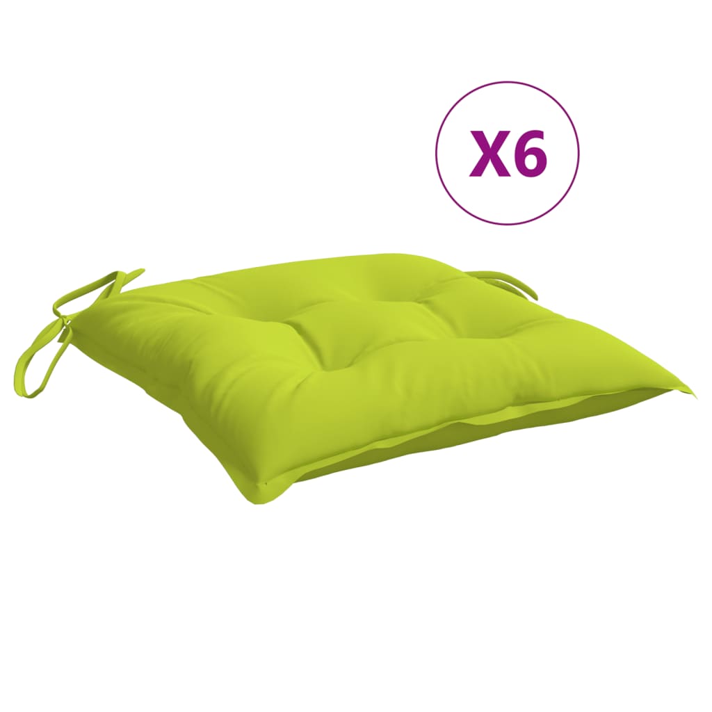 Pack of six bright green Oxford fabric chair cushions, each 19.7x19.7x2.8 inches with ties.