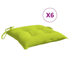 Pack of six bright green Oxford fabric chair cushions, each 19.7x19.7x2.8 inches with ties.