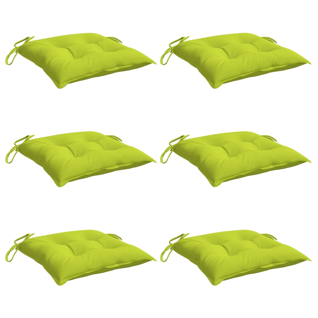 Six bright green Oxford fabric chair cushions, 19.7x19.7x2.8 inches, with ties.