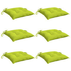 Six bright green Oxford fabric chair cushions, 19.7x19.7x2.8 inches, with ties.