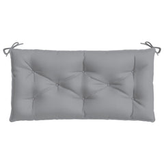 Gray Oxford fabric garden bench cushion with tufted design and four corner ties.