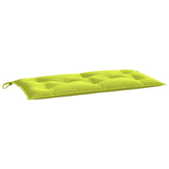 A bright green garden bench cushion made of Oxford fabric with tufted details.