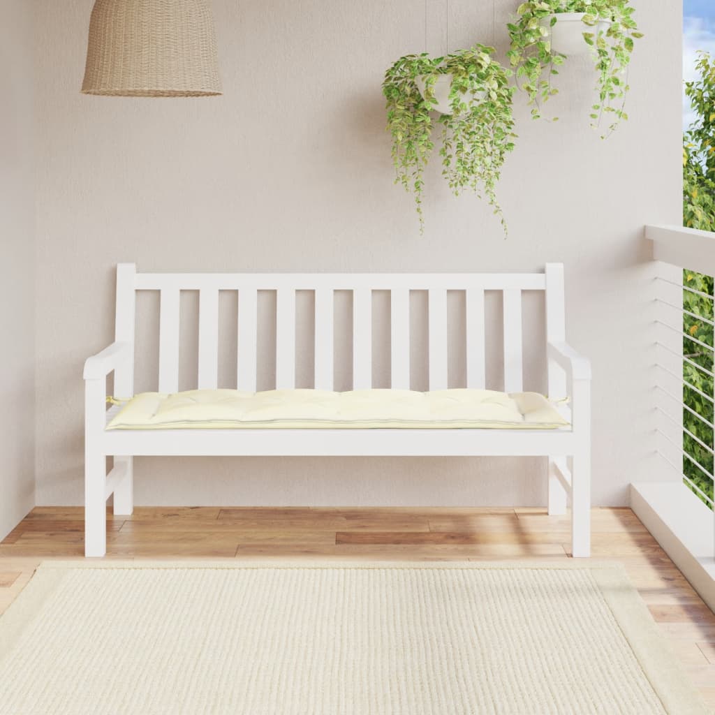 Cream white Oxford fabric garden bench cushion, 59x20x3 inches, on white bench.