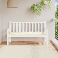 Cream white Oxford fabric garden bench cushion, 59x20x3 inches, on white bench.