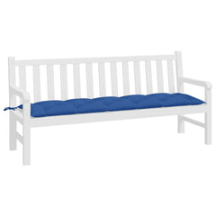 White wooden garden bench with blue tufted Oxford fabric cushion and ties.