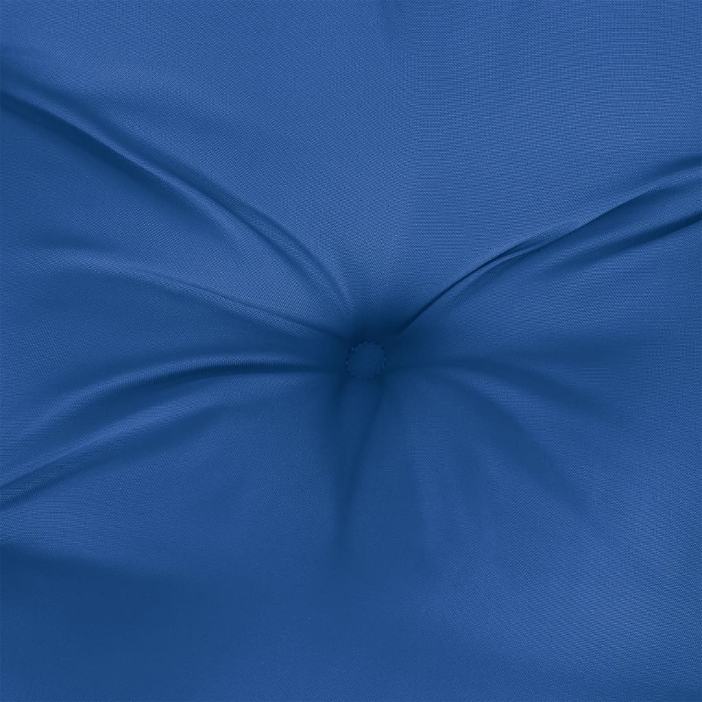 Blue garden bench cushion in Oxford fabric with tufted center and folds.