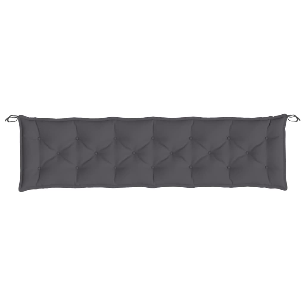 An anthracite gray tufted garden bench cushion with tie ropes on each end.