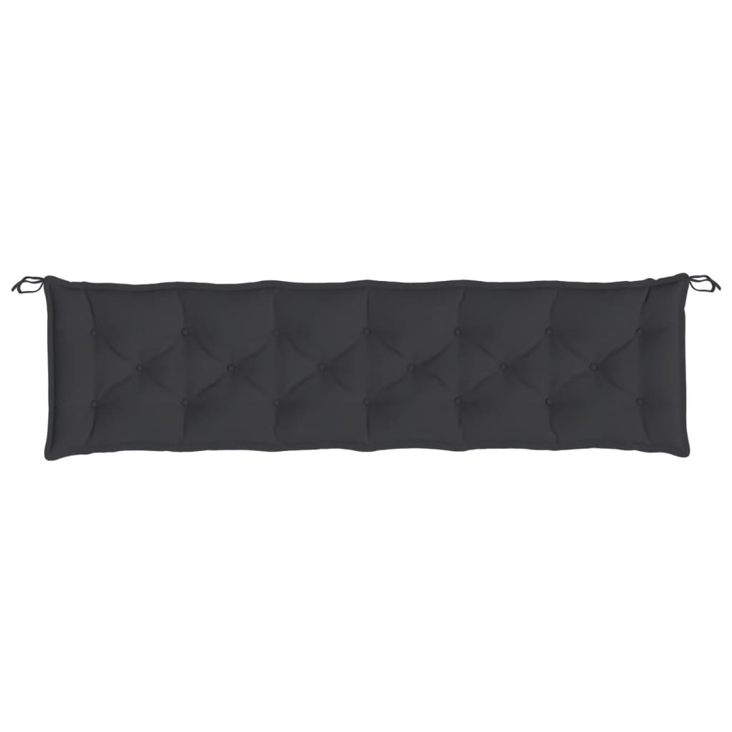 Black rectangular garden bench cushion with tufted Oxford fabric and tie-down straps.