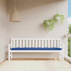 Blue Oxford fabric garden bench cushion on a white outdoor bench.
