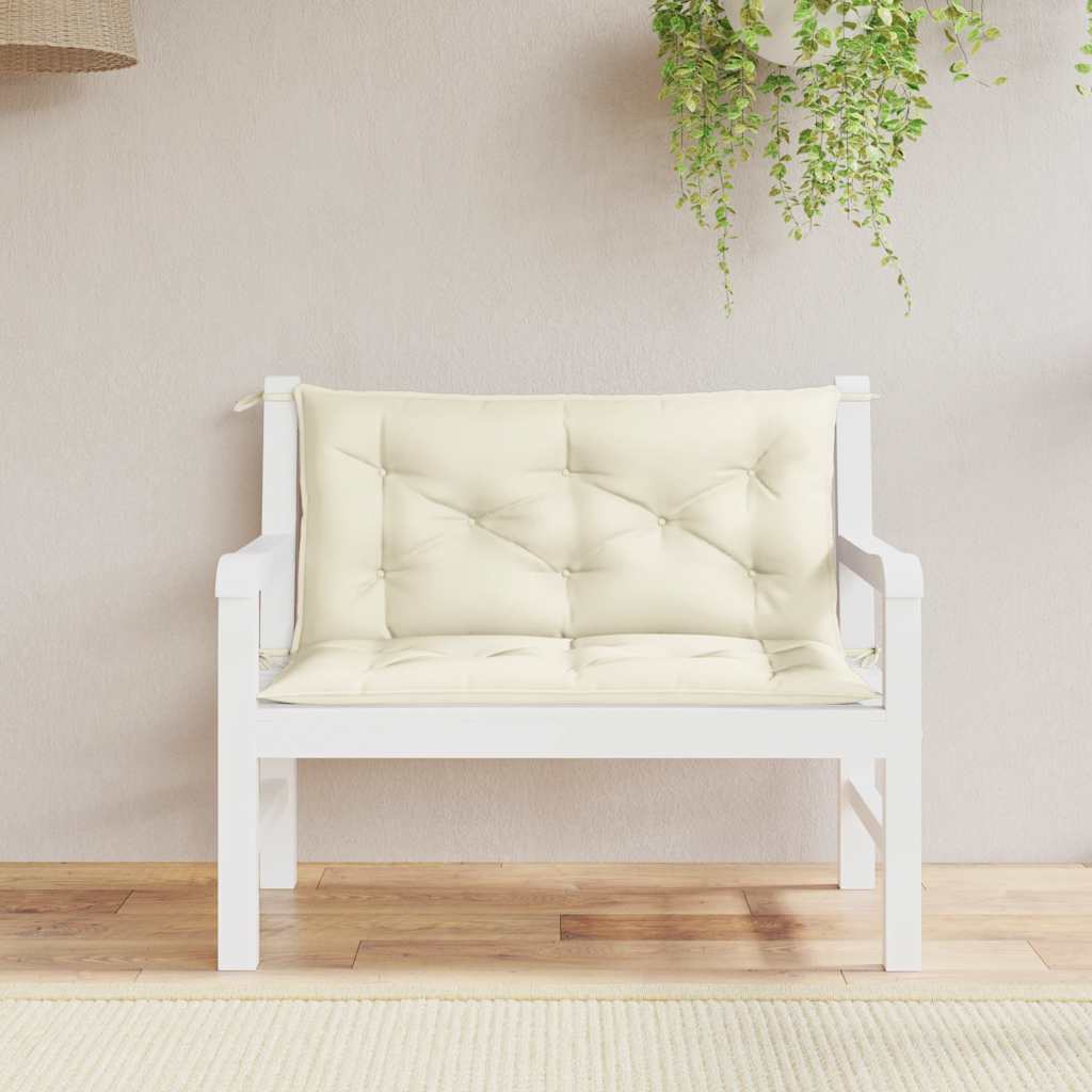 Cream white Oxford fabric garden bench cushion with tufted padding and ties, 39.4x39.4x2.8 inches.