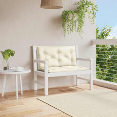 Cream white Oxford fabric garden bench cushion, 39.4x39.4x2.8 inches, on white bench.
