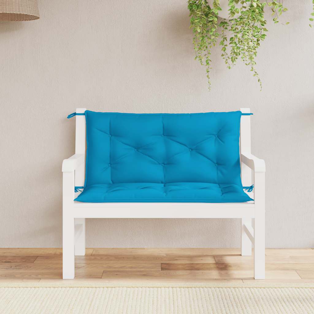 Light blue Oxford fabric garden bench cushion with tufted padding and ties, sized 39.4x39.4x2.8 inches.