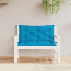 Light blue Oxford fabric garden bench cushion with tufted padding and ties, sized 39.4x39.4x2.8 inches.