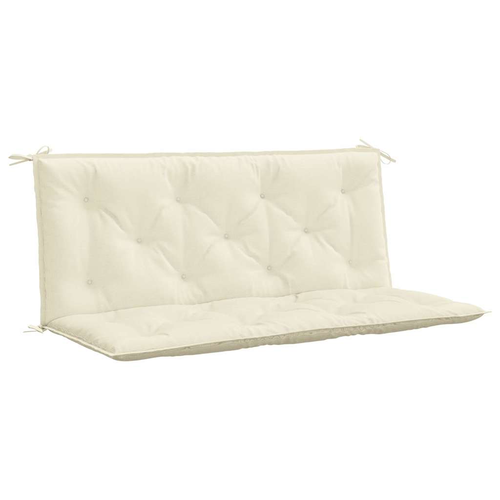 Cream white garden bench cushion in Oxford fabric with tufted design and ties, 47x40x3 inches.