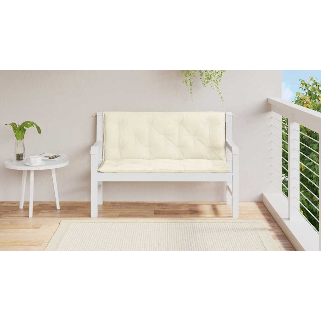 Cream white garden bench cushion with quilted Oxford fabric and ties, sized 47x40x3 inches.