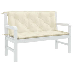 Cream white garden bench cushion in Oxford fabric, 47x40x3 inches, with ties.