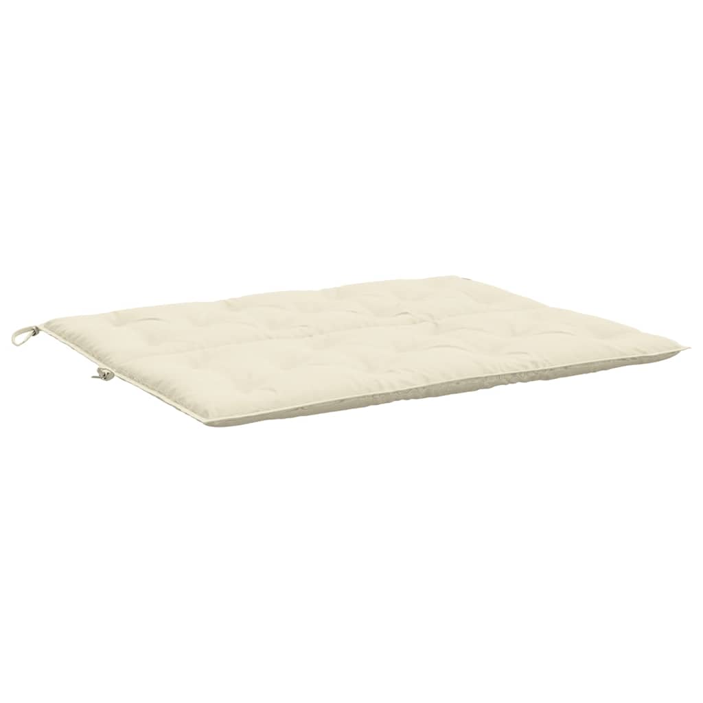 Cream white garden bench cushion in Oxford fabric, 47x40x3 inches, with ties.