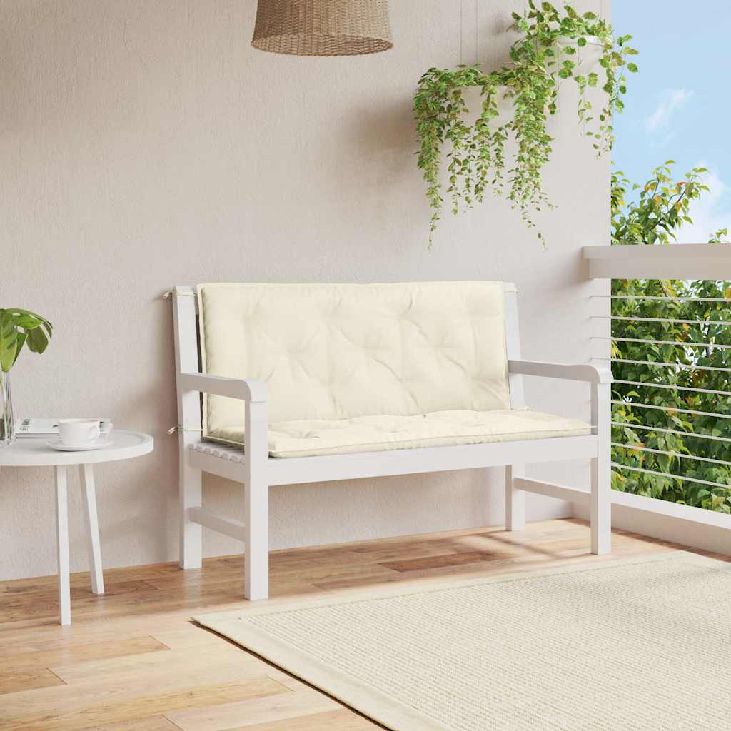 Cream white garden bench cushion in Oxford fabric, 47x40x3 inches, with ties.