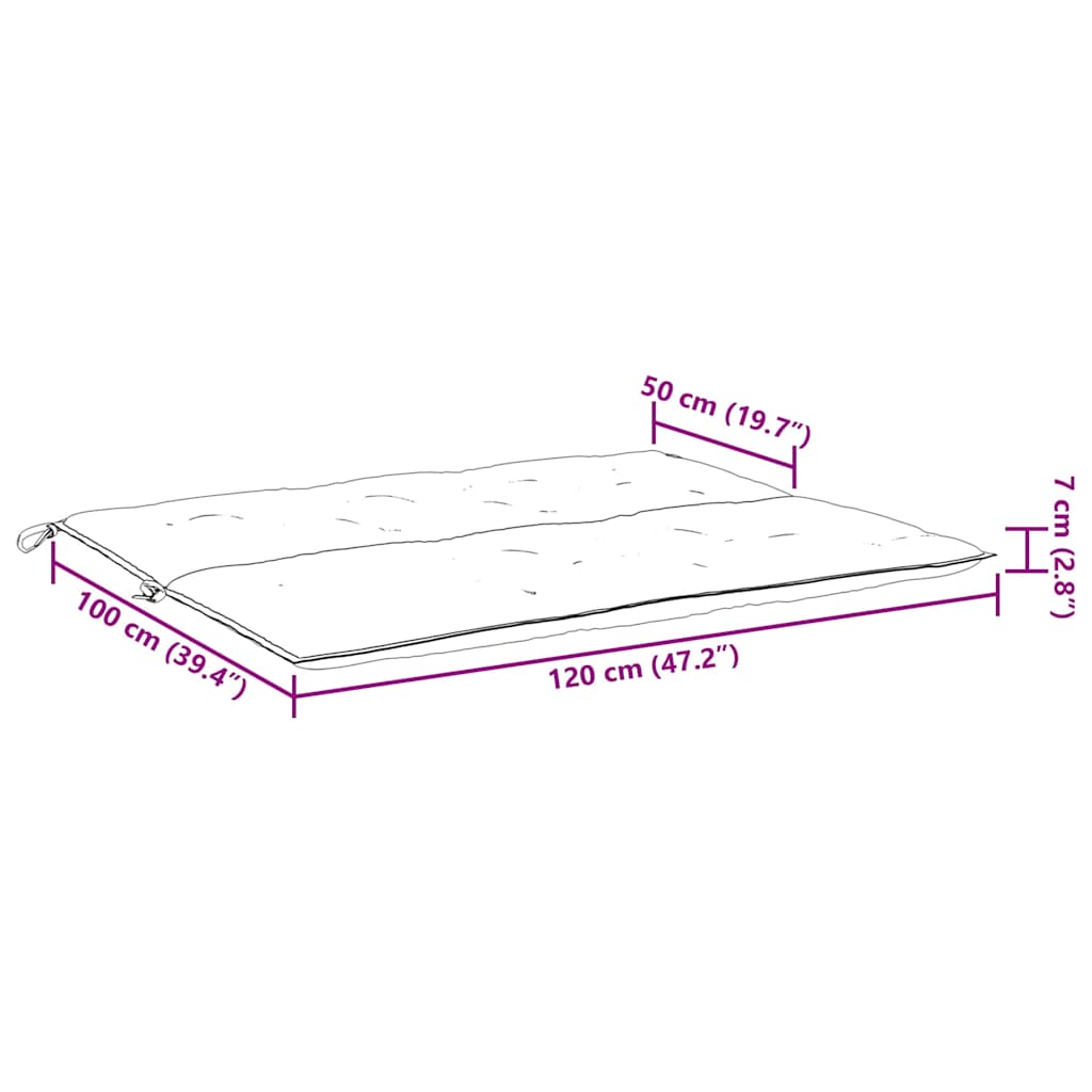 Light blue Oxford fabric garden bench cushion measuring 47.2 by 39.4 by 2.8 inches with tie-down straps.