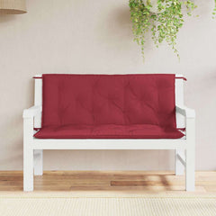 Wine red garden bench cushion with quilted Oxford fabric and tie-downs.