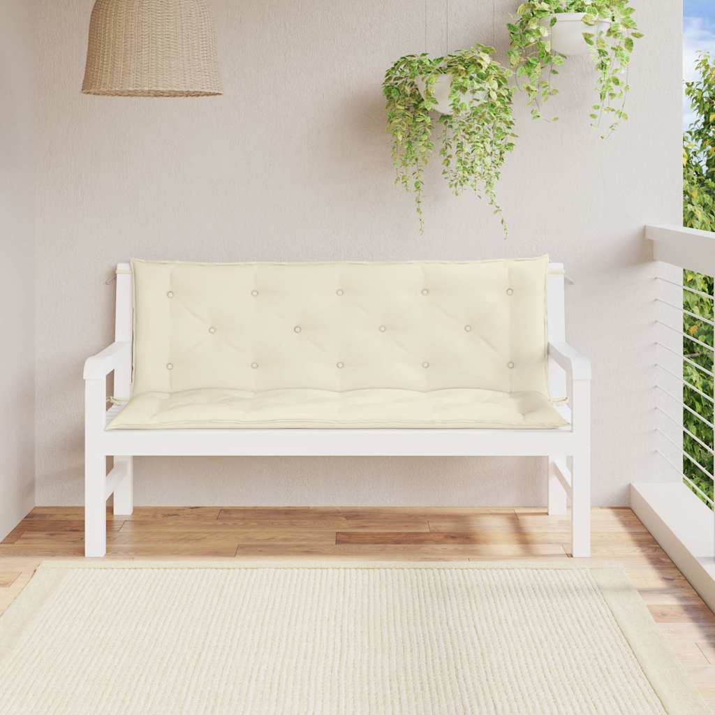 Cream white Oxford fabric garden bench cushion with tufted padding and corner ties.