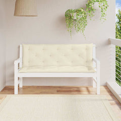 Cream white Oxford fabric garden bench cushion with tufted padding and corner ties.