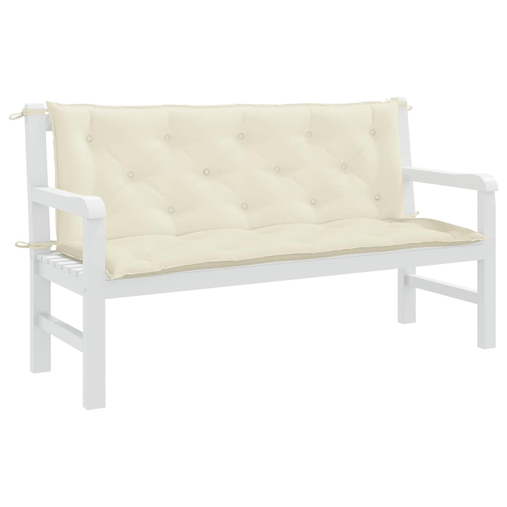 Cream white Oxford fabric garden bench cushion, 59x40x3 inches, with corner ties.