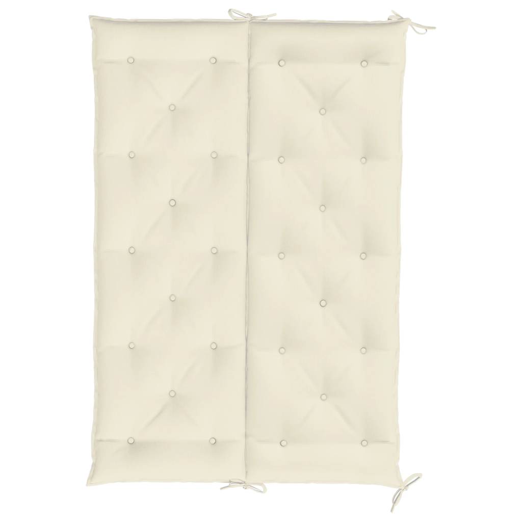 Cream white Oxford fabric garden bench cushion, 59x40x3in, with tufted design and corner ties.