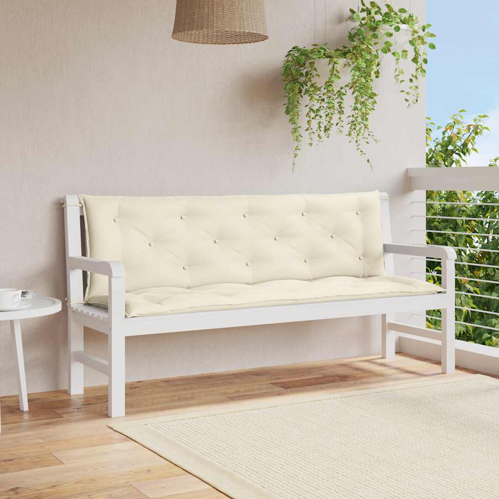 Cream white Oxford fabric garden bench cushion with tufted padding and corner ties.