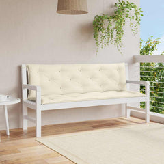 Cream white Oxford fabric garden bench cushion with tufted padding and corner ties.
