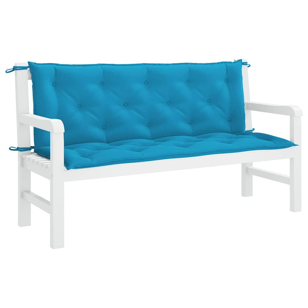 Light blue Oxford fabric garden bench cushion with tufted design and ties, 59x40x2.8 inches.