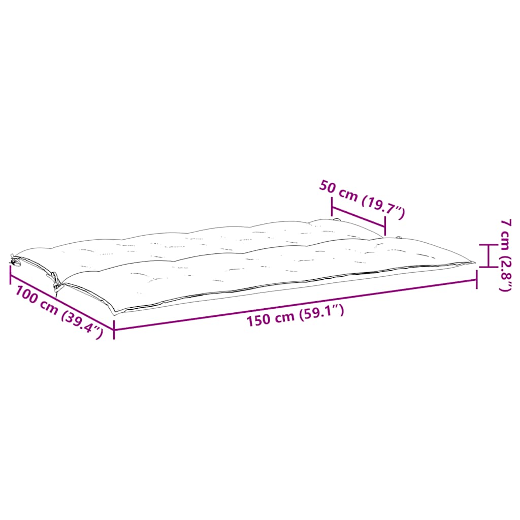 Light blue Oxford fabric garden bench cushion measuring 59 by 40 by 2.8 inches.