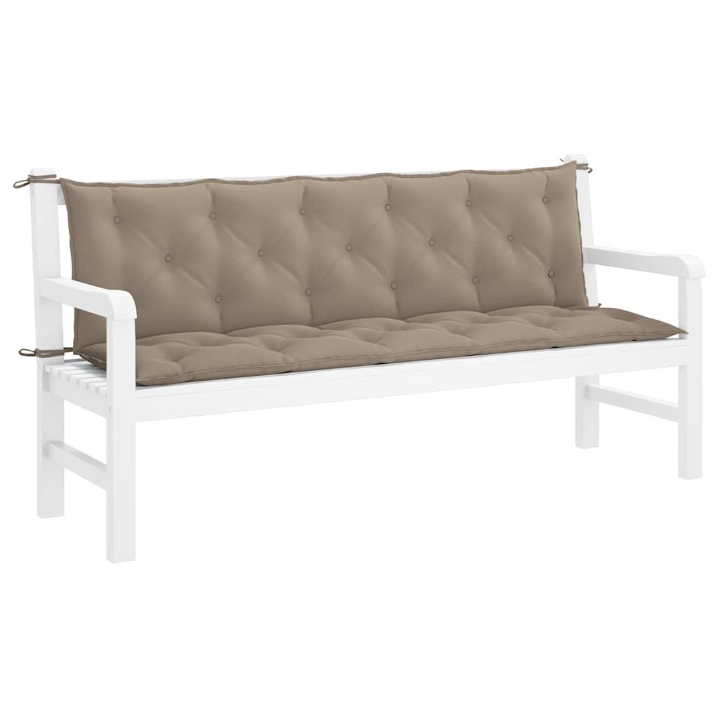 A taupe garden bench cushion with tufting, secured to a white wooden bench.