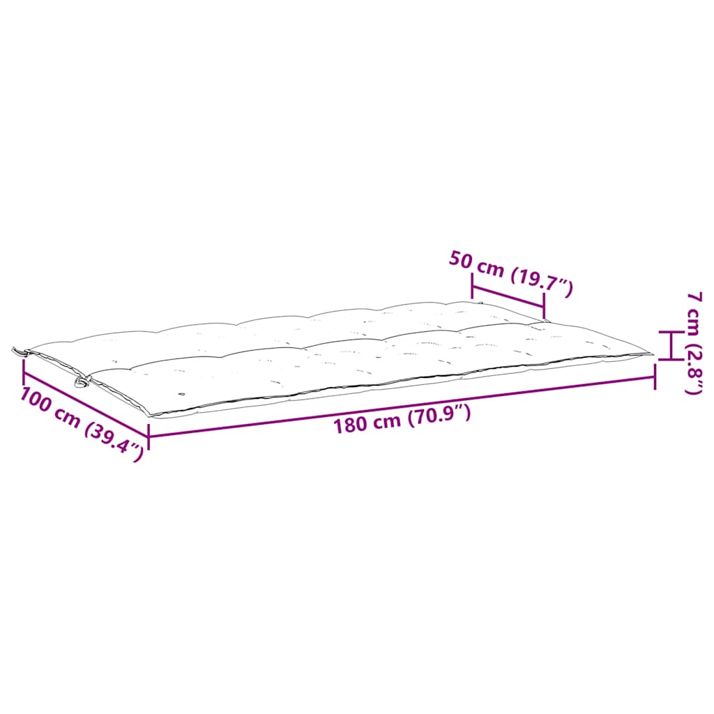 Taupe garden bench cushion in Oxford fabric, 70.9x39.4x2.8 inches with dimensions shown.