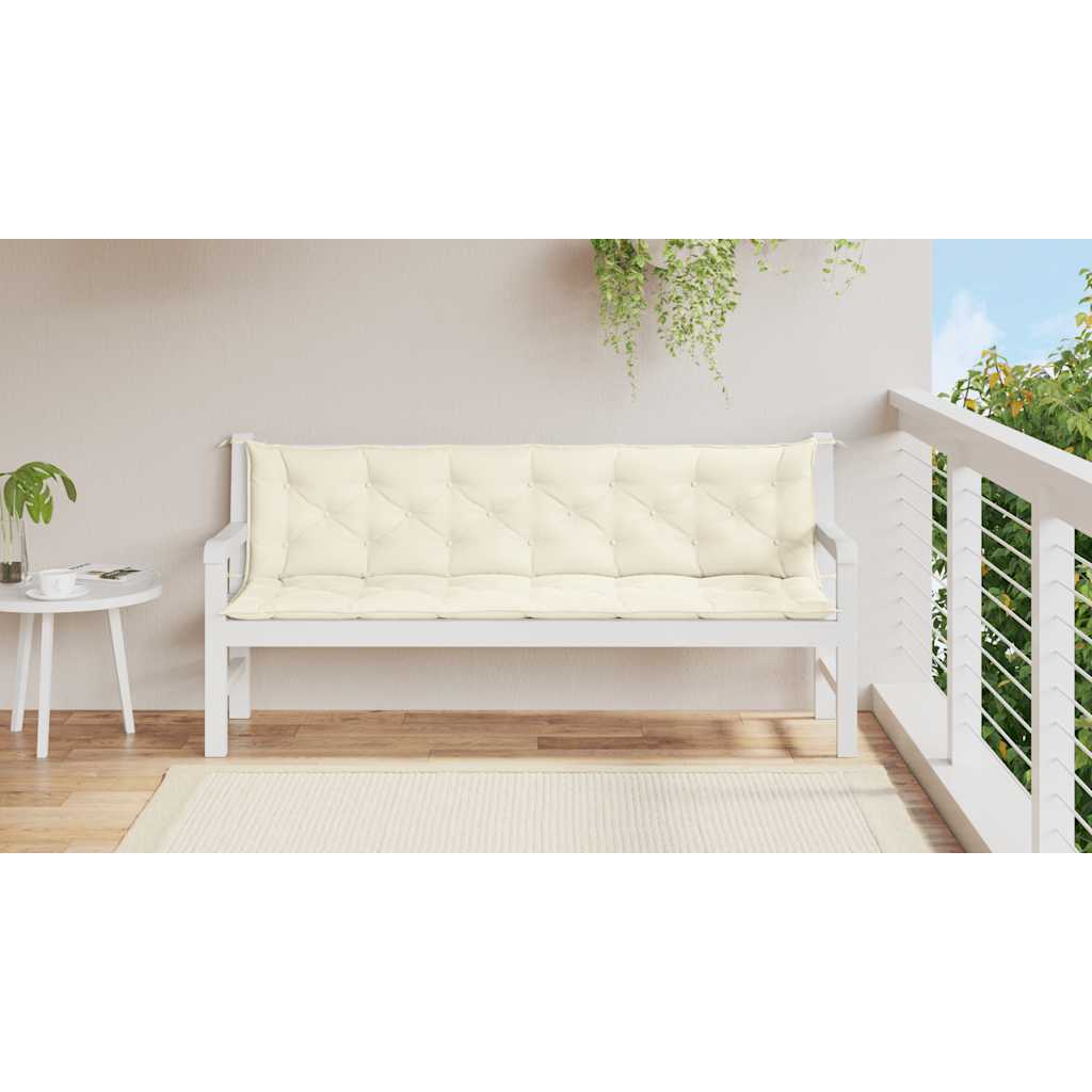 Cream white Oxford fabric garden bench cushion on a white bench on a balcony.